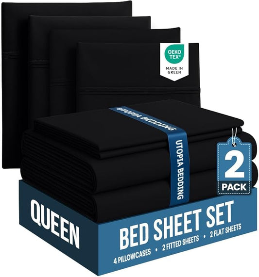 Utopia Bedding Queen Bed Sheets Set - Pack of 2 Sheet Sets - Perfect for Spa, Hotel, & Guest Bedroom - Brushed Microfiber - Shrinkage and Fade Resistant - Easy Care (Black)