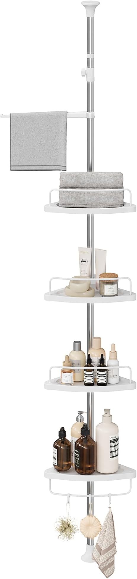 SONGMICS Corner Shower Caddy Tension Pole, 4-Tier Rust-Resistant Shower Organizer, Shower Shelf, Drill-Free, 35.8 to 118.1 Inches, Height Adjustable Trays, for Bathroom, Cloud White UBCB008W01