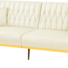 70” Velvet Futon Sofa Bed with 2 Pillows and Adjustable Armrests, Convertible Sleeper Bed W/Adjustable Backrests, Modern Loveseat for Living Room, Bedroom, Beige