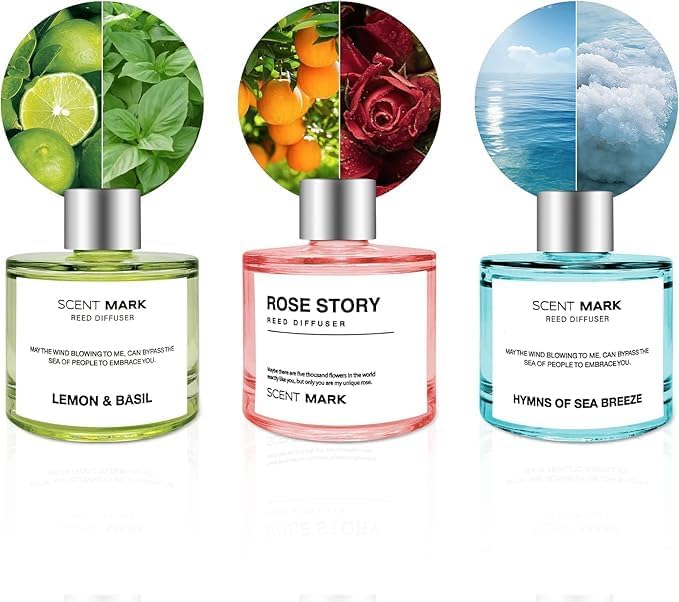Reed Diffuser Set of 3 Pack,50ML Lemon Basil Ocean Rose Scented Oil Diffuser with 5 Sticks,Home Fragrance Reed Diffuser for Bedroom Bathroom Office (Lemon Basil/Ocean/Rose)