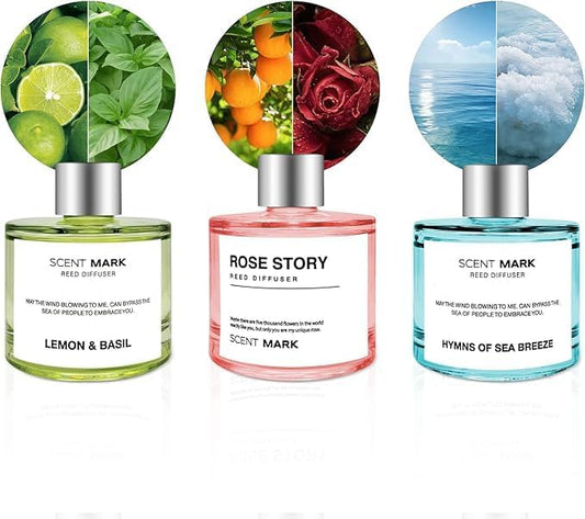 Reed Diffuser Set of 3 Pack,50ML Lemon Basil Ocean Rose Scented Oil Diffuser with 5 Sticks,Home Fragrance Reed Diffuser for Bedroom Bathroom Office (Lemon Basil/Ocean/Rose)