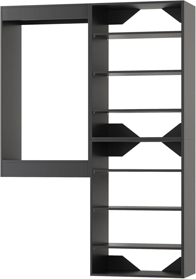 Modular Closet System - 55" Wide Organizer with Towers and Hanging, Wooden Tower Storage for Walk-In Closets, Wall-Mounted Wardrobe Organizer Kit System, Black