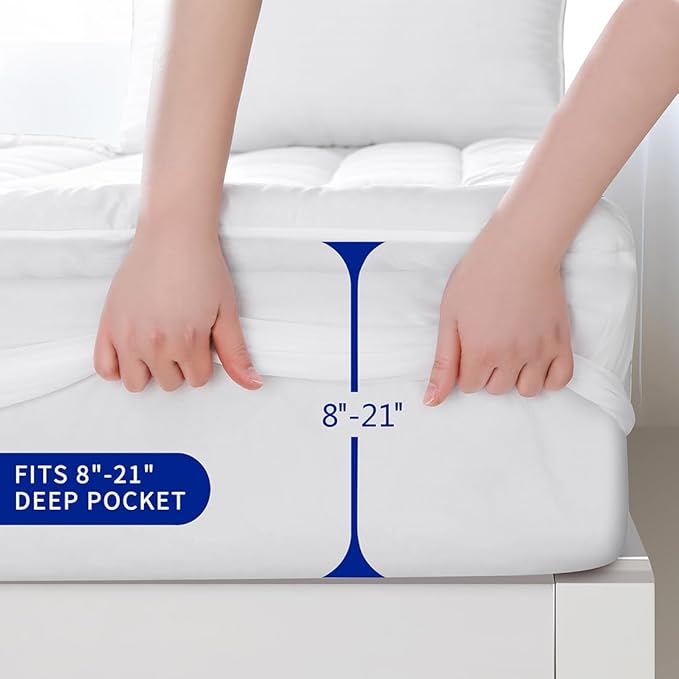 Queen Size Quilted Fitted Mattress Pad Cover with Deep Pocket Fitted 8" - 21", Ultra Soft and Comfortable, Breathable (White, Queen)