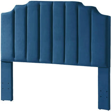24KF Navy Blue Velvet Tufted Queen Upholstered Headboard, Modern Vertical Channel Design California Queen/Full Headboard with Stepped Silhouette Top Edge, 6026-Q-Navy Blue