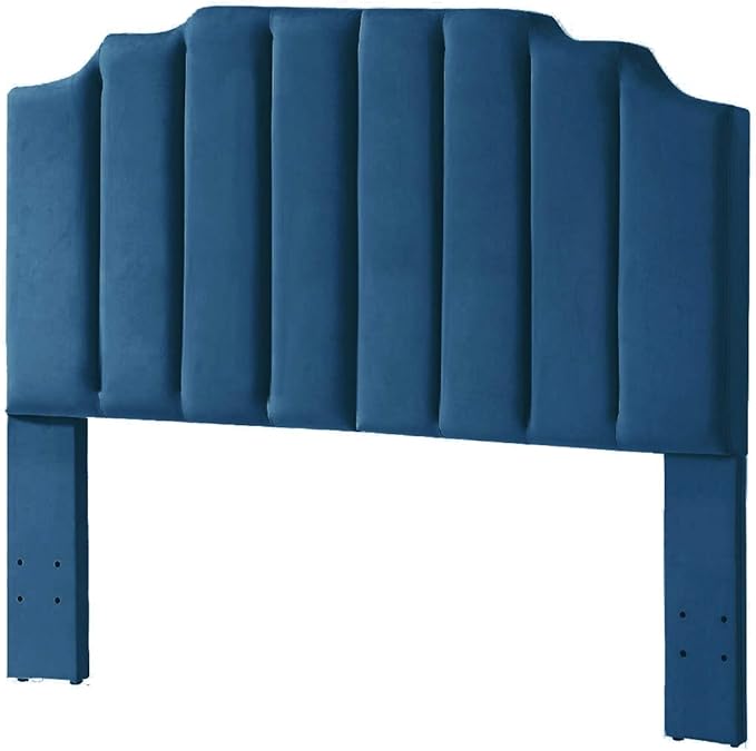 24KF Navy Blue Velvet Tufted Queen Upholstered Headboard, Modern Vertical Channel Design California Queen/Full Headboard with Stepped Silhouette Top Edge, 6026-Q-Navy Blue