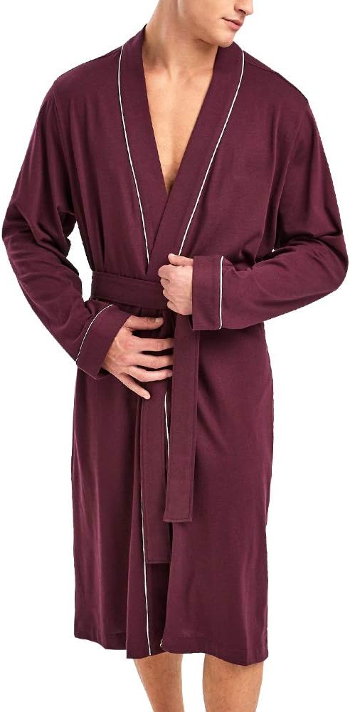 HOLOVE Men's Pure Cotton Bathrobe Lightweight Kimono and Hooded Spa Robes Soft Sleepwear