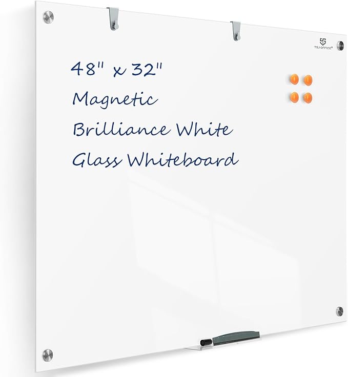 TSJ OFFICE Glass Dry-Erase Board - 48 x 32 Inches Brilliance White Magnetic Glass Whiteboard, Wall Mounted Large Frameless White Board for School, Home & Office
