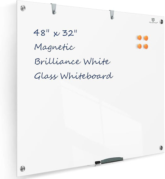 TSJ OFFICE Glass Dry-Erase Board - 48 x 32 Inches Brilliance White Magnetic Glass Whiteboard, Wall Mounted Large Frameless White Board for School, Home & Office