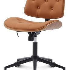 Armless Home Office Chair with Wheels, PU Leather Adjustable Height Computer Desk Chair, 360 Swivel Small No Arms Chair, Modern Button Walnut Style for Office, Reading Meeting Room(Brown)