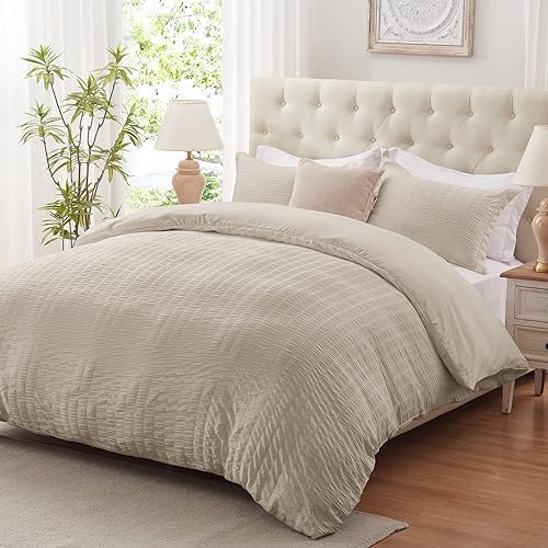 Cozyide Linen Duvet Cover Queen Size, 3 Pieces Bedding Duvet Covers, Soft Breathable Seersucker Duvet Cover Set with Zipper Closure and Corner Ties (1 Duvet Cover 90"x90" + 2 Pillow Shams 20"x26")