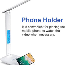 Multifunctional LED Desk Lamp with Wireless Charger,USB Charging Port,Clock,Phone Holder,Desk Lamps for Home Office,Eye-Caring Reading Lamp,Study Lamp for Boys,Girls,Teens,White