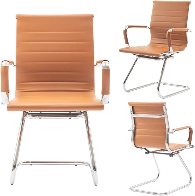 No Wheels Reception Chairs Leather Conference Chairs Back Support Heavy Duty Office Guest Chair, Set of 2 (Terracotta)