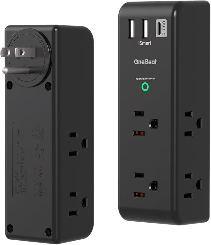 Surge Protector Outlet Extender with Rotating Plug, 6 AC Multi Plug Outlet with 3 USB Ports (1 USB C), 1800 J, 3-Sided Swivel Power Strip with Spaced Outlet Splitter for Dorm Office, Black-2 Pack