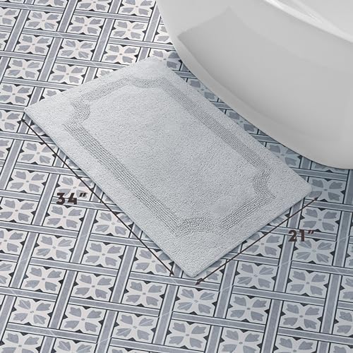 Laura Ashley - Reversible Cotton Bath Mat, Premium Bathroom Décor, Machine Washable Bathroom Rug, Highly Absorbent, 21"x34", Light Grey
