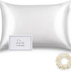 ALASKA BEAR Silk Pillowcase Envelope Closure, 22 Momme 100 Percent Long Overlap Sleeve Mulberry Silk Pillow Case Foldover Design, Machine Washable and NO Zipper, Queen (1, Cool White)