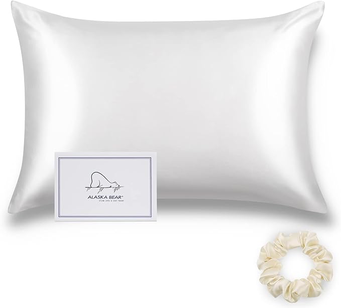 ALASKA BEAR Silk Pillowcase Envelope Closure, 22 Momme 100 Percent Long Overlap Sleeve Mulberry Silk Pillow Case Foldover Design, Machine Washable and NO Zipper, Queen (1, Cool White)