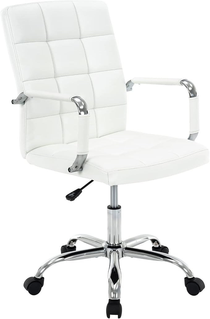 High Back Desk Chair, Modern PU Leather Home Office Task Chair with Arms, Adjustable Swivel Computer Executive Chair with Wheels (Pearl White)