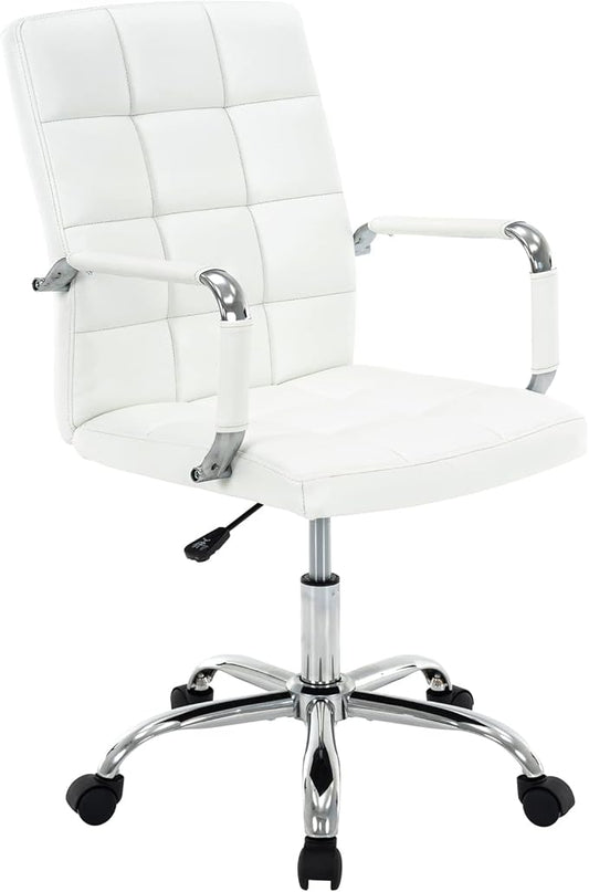 High Back Desk Chair, Modern PU Leather Home Office Task Chair with Arms, Adjustable Swivel Computer Executive Chair with Wheels (Pearl White)