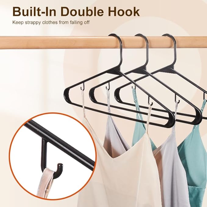 HOUSE DAY Black Plastic Hangers 50 Pack, Plastic Clothes Hangers with Built-in Hooks, Durable and Strong Plastic Coat Hangers for Closet, Space Saving Clothing Hanger for Shirts, Coats, Skirt, Dress