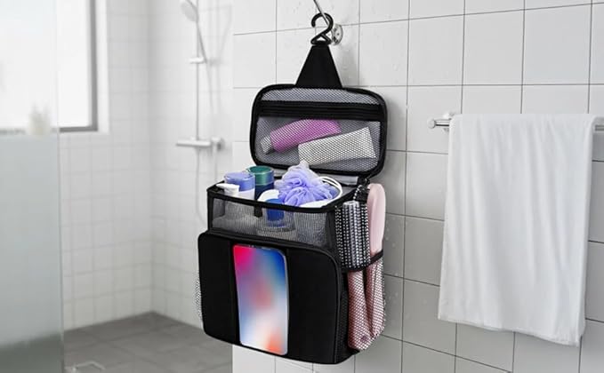 Shower Caddy for Dorm, Portable Hanging Shower Bag with Metal Hook, Oxford Cloth Quick Dry Mesh Organizer for Bathroom Essentials, Phone Pouch, 10.04 x 9.84 x 5.57 in/25.5 cm x 24.99 x 14.15 cm