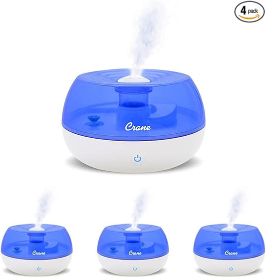 Crane Personal Ultrasonic Cool Mist Humidifier, for Home Bedroom Hotels Travel and Office, 0.2 Gallon, Filter Free, Blue and White (Pack of 4)