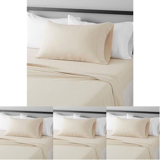 Amazon Basics Lightweight Super Soft Easy Care Comfortable Microfiber 3 Piece Bed Sheet Set with 14-Inch Deep Pockets, Twin XL, Beige, Solid (Pack of 4) AmazonBasics