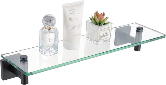 KOKOSIRI Bathroom Shelves Glass Floating Shelf 16-Inch for Bedroom, Living Room, Kitchen, Small Hanging Rack Rustproof Wall Mounted Black B1105BK-L16