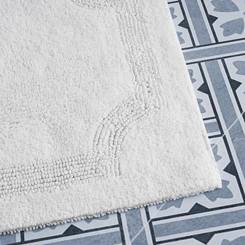 Laura Ashley - Reversible Cotton Bath Mat, Premium Bathroom Décor, Machine Washable Bathroom Rug, Highly Absorbent, 21"x34", White