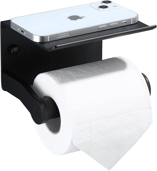 Toilet Paper Holder with Phone Shelf, Self Adhesive Aluminum Tissue Roll Dispenser for Mega Roll, Wall Mounted Toilet Paper Roll Holder for Bathroom, Matte Black