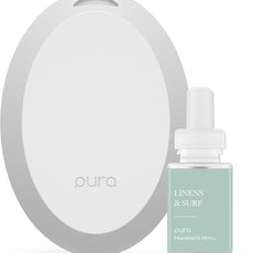 Pura Mini Smart Fragrance Diffuser for Small Spaces Adjustable Smart Home Device with LED Light & Automatic Vial Detection - Includes 1 Scent Refill; Linens & Surf
