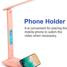 Multifunctional LED Desk Lamp with Wireless Charger,USB Charging Port,Clock,Phone Holder,Desk Lamps for Home Office,Eye-Caring Reading Lamp,Study Lamp for Boys,Girls,Teens,Pink