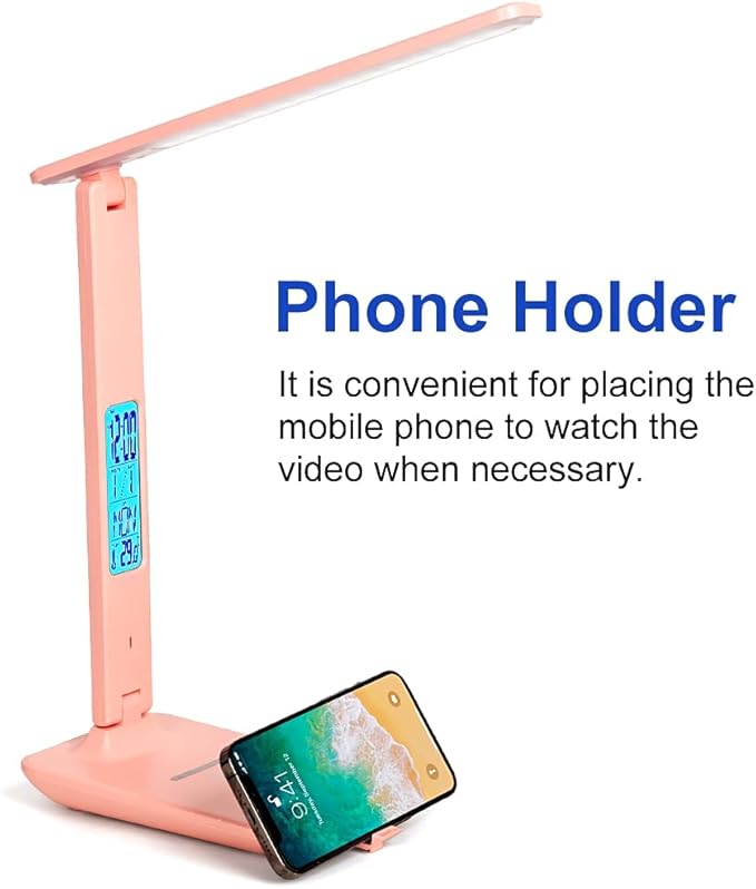 Multifunctional LED Desk Lamp with Wireless Charger,USB Charging Port,Clock,Phone Holder,Desk Lamps for Home Office,Eye-Caring Reading Lamp,Study Lamp for Boys,Girls,Teens,Pink