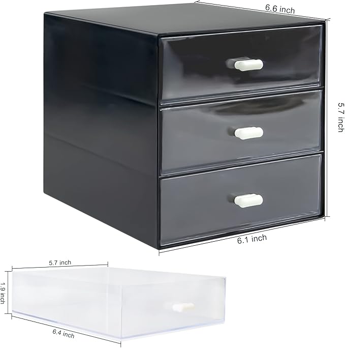 Desk Organizer with Drawer, Desk Storage Box, Plastic Office Stationery Supplies Organizers, Desktop Organizer for Office School Home (3 drawer, Black)