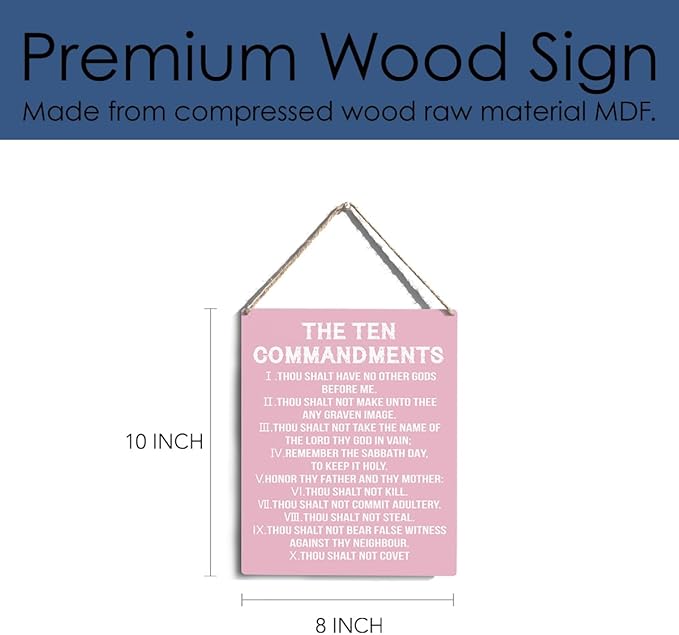 YCYD Ten Commandments Decor,10 Commandments Desk Poster, Christian Bible Verse Decor Religious Home Rustic Wooden Box Sign for Living Room Bedroom Office 10 x 8 Inches pink