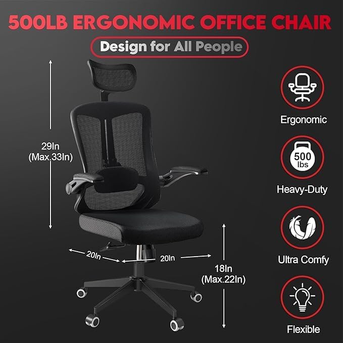 Ergonomic Office Chair - 400LB Comfy Desk Chairs with Adjustable Headrest and Lumbar Back Support, Mesh Computer Chairs with Wheels and Arms for Home Office, Study (669Black-With Headrest)