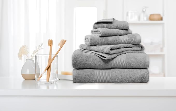 Farm to Home 100% Organic Bath Towel Set of 6 – GOTS & Oeko-TEX Certified Organic Cotton, Soft, Ultra Absorbent, Quick Dry - Includes 2 Bath Towels, 2 Hand Towels, 2 Washcloths - Stone