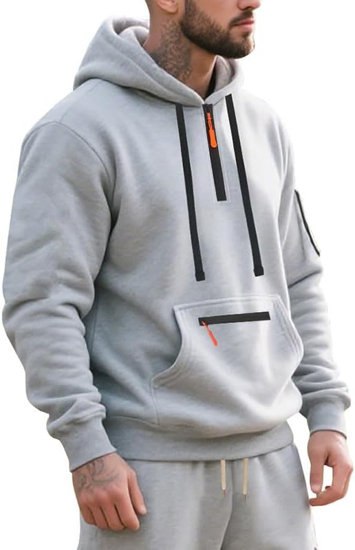 Men's Hooded Sweatshirt - Quarter Zip Pullover with Pockets Autumn Winter Casual Wear for Vacations