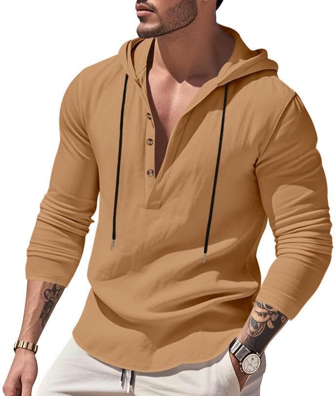 Men's Linen Blend Hoodie Long Sleeve Henley Pullover Sweatshirt Casual Loose Fit Top for Workout Beach Wear