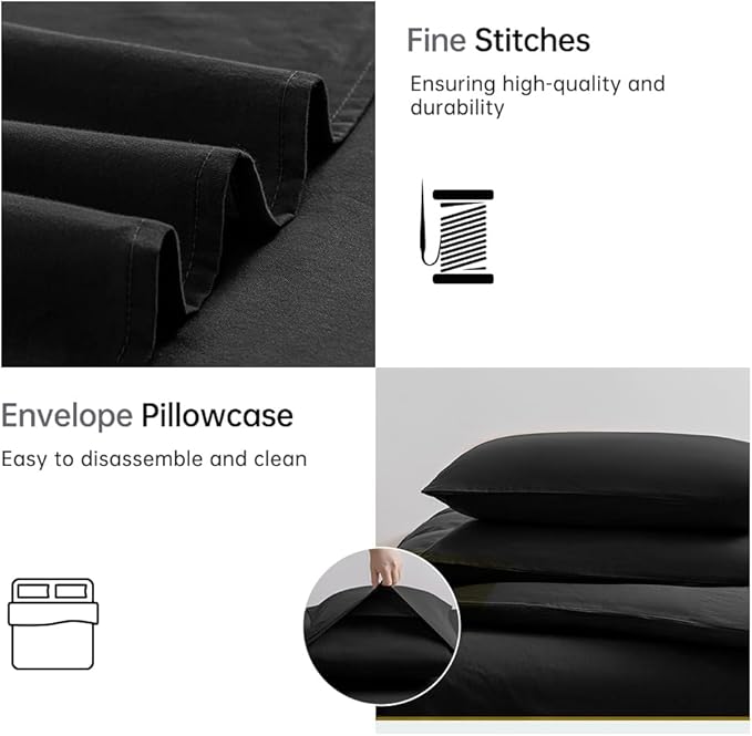 JELLYMONI Black Duvet Cover Full Size - 100% Washed Cotton Linen Like Textured Comforter Cover, 3 Pieces Breathable Soft Bedding Set with Zipper Closure (Black, Full 80"x90")