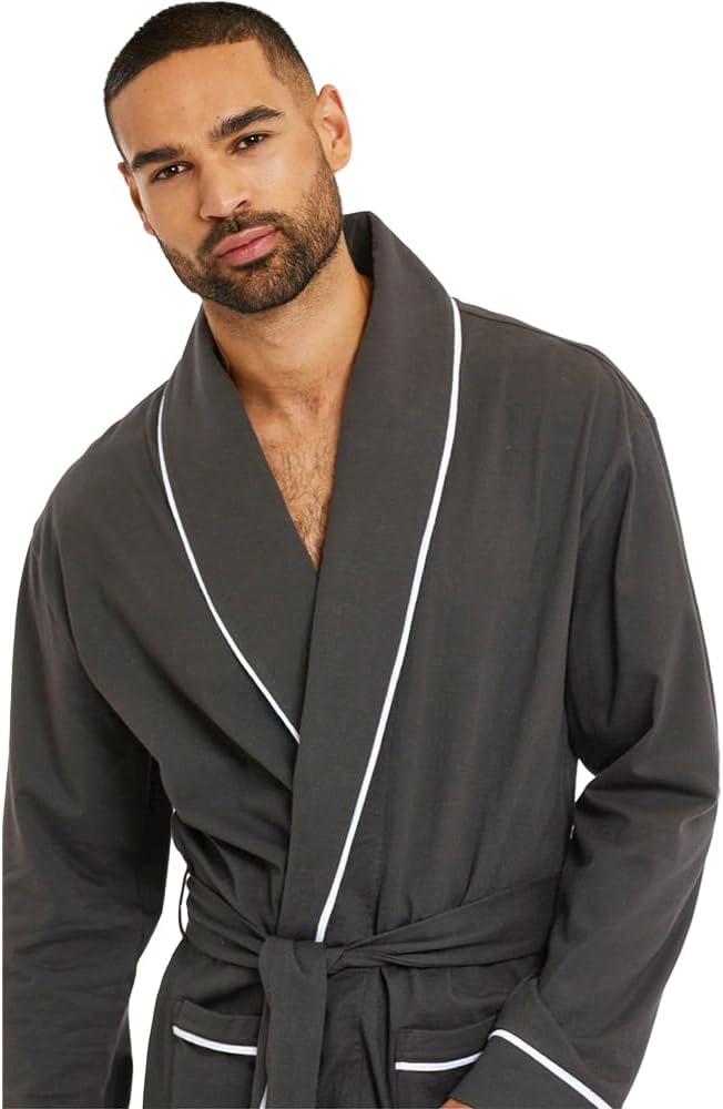 HOLOVE Men's Pure Cotton Bathrobe Lightweight Kimono and Hooded Spa Robes Soft Sleepwear