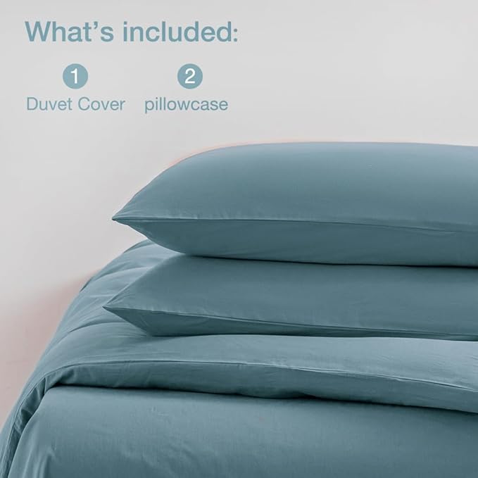 JELLYMONI Cotton Duvet Cover Full Size - 100% Washed Cotton Linen Like Textured Comforter Cover, 3 Pieces Breathable Soft Bedding Set with Zipper Closure (Grayish Blue, Full 80"x90")