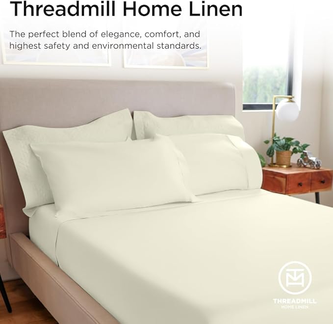 Threadmill 100% Cotton Sheets for Cal King Size Bed - 600 Thread Count Cal King Bed Sheets Set with 16” Deep Pocket - Sateen Weave 4-Piece Bedding Set with Cooling Effect, Ivory