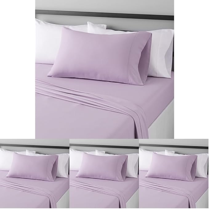 Amazon Basics Lightweight Super Soft Easy Care Wrinkle Free Microfiber 3 Piece Bed Sheet Set with 14-Inch Deep Pockets, Twin, Frosted Lavender, Solid, Kids, Men & Women Bedding (Pack of 4) AmazonBasics