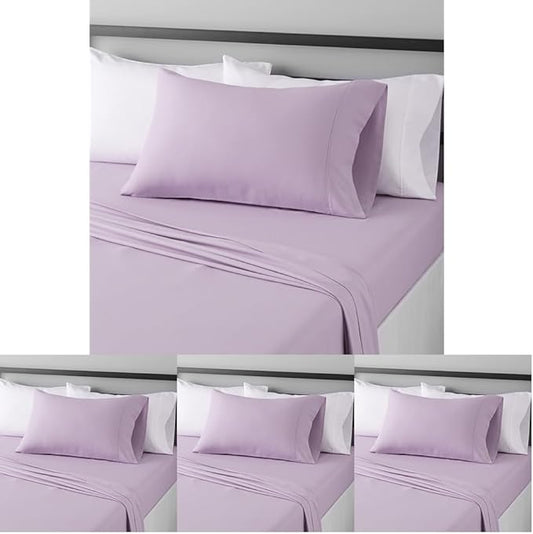 Amazon Basics Lightweight Super Soft Easy Care Wrinkle Free Microfiber 3 Piece Bed Sheet Set with 14-Inch Deep Pockets, Twin, Frosted Lavender, Solid, Kids, Men & Women Bedding (Pack of 4) AmazonBasics