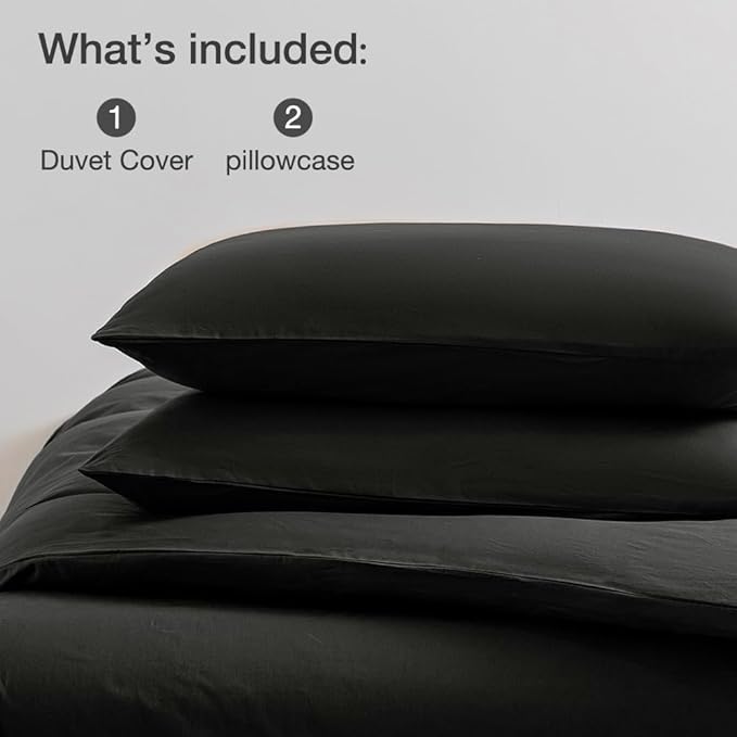 JELLYMONI Cotton Duvet Cover Twin Size - 100% Washed Cotton Linen Feel Textured Comforter Cover, 2 Pieces Breathable Soft Bedding Set with Zipper Closure(Black,Twin 68"×90")