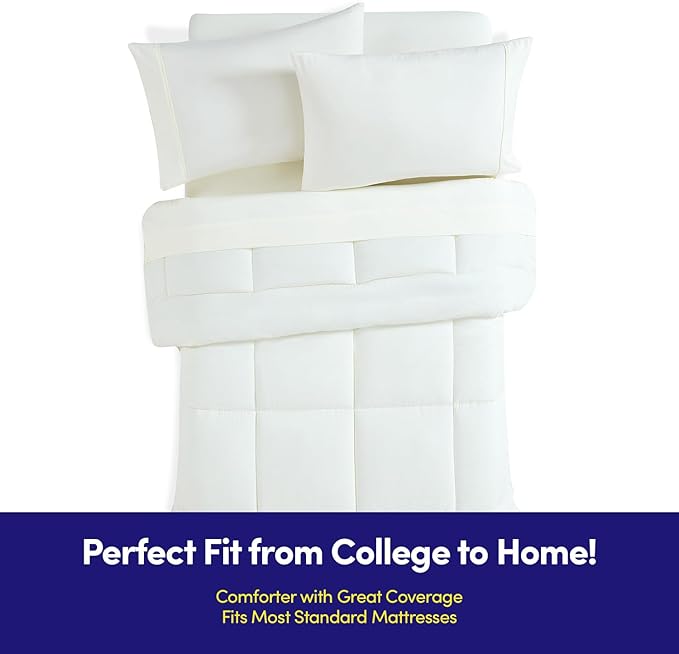 Dorm Room Essentials College Bedding Comforter Set 5 Piece Twin XL Size Bed in a Bag for College Students Boys and Girls, Twin XL, Ivory