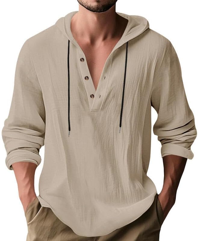 Men's Linen Blend Hoodie Long Sleeve Henley Pullover Sweatshirt Casual Loose Fit Top for Workout Beach Wear