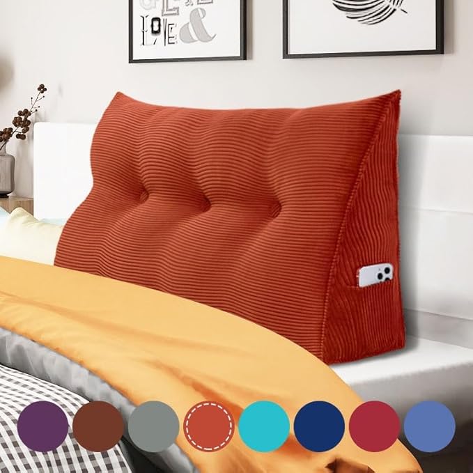 WOWMAX 100% Cotton Corduroy Headboard Pillow – Twin Size Back Support Reading Wedge for Bed & Daybed, Plush Handmade Bolster Cushion with Removable Cover, Cozy Bed Rest Pillow, Rusty Orange