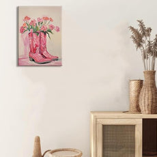 Julaydi Floral Cowgirl Boots Wall Art Pink Cowboy Boots with Flower Painting Western Aesthetic Canvas Prints Poster Trendy Preppy Girls Room Decor Picture for Living Room Bedroom Dorm 12x16in Framed