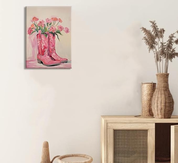 Julaydi Floral Cowgirl Boots Wall Art Pink Cowboy Boots with Flower Painting Western Aesthetic Canvas Prints Poster Trendy Preppy Girls Room Decor Picture for Living Room Bedroom Dorm 12x16in Framed
